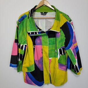 Vintage Berek Abstract Wearable Artsy Jacket Sz XL Full Zip Pockets Flare Sleeve